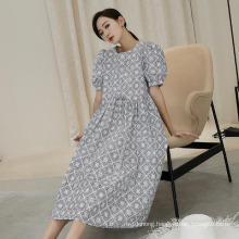 High Waist Printed Fashion MID-Length Skirt Puff Sleeve Dress